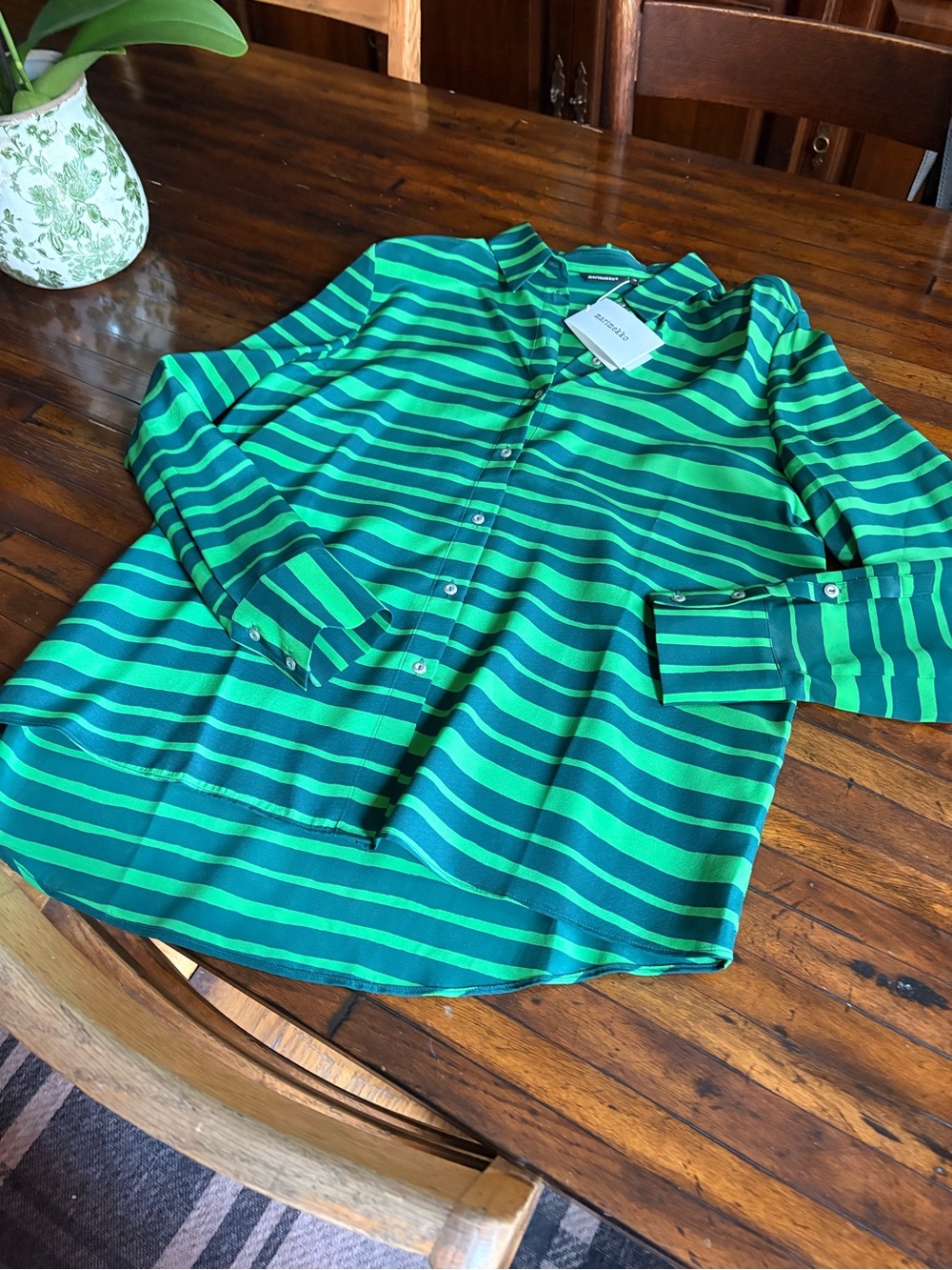Marimekko Green and Teal Striped Women Button-Down Shirt